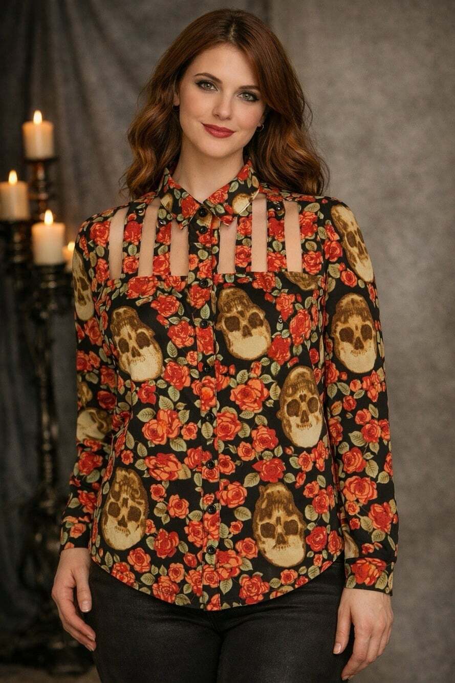 Whimsigoth Skull & Roses Shirt Sz S Cutouts Spiked Goth Dark Sheer Rock Punk